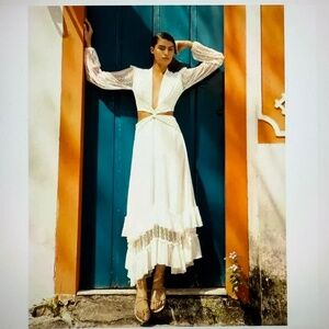 PatBO White Cutout V-Neck Long Sleeve Ruffled Midi Dress